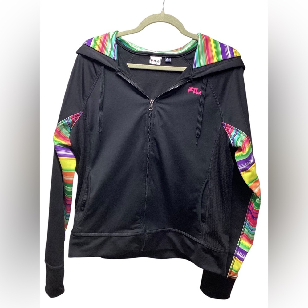 FILA Y2K zip up Hooded Track Jacket. Women’s size XL. Black with multi Stripes